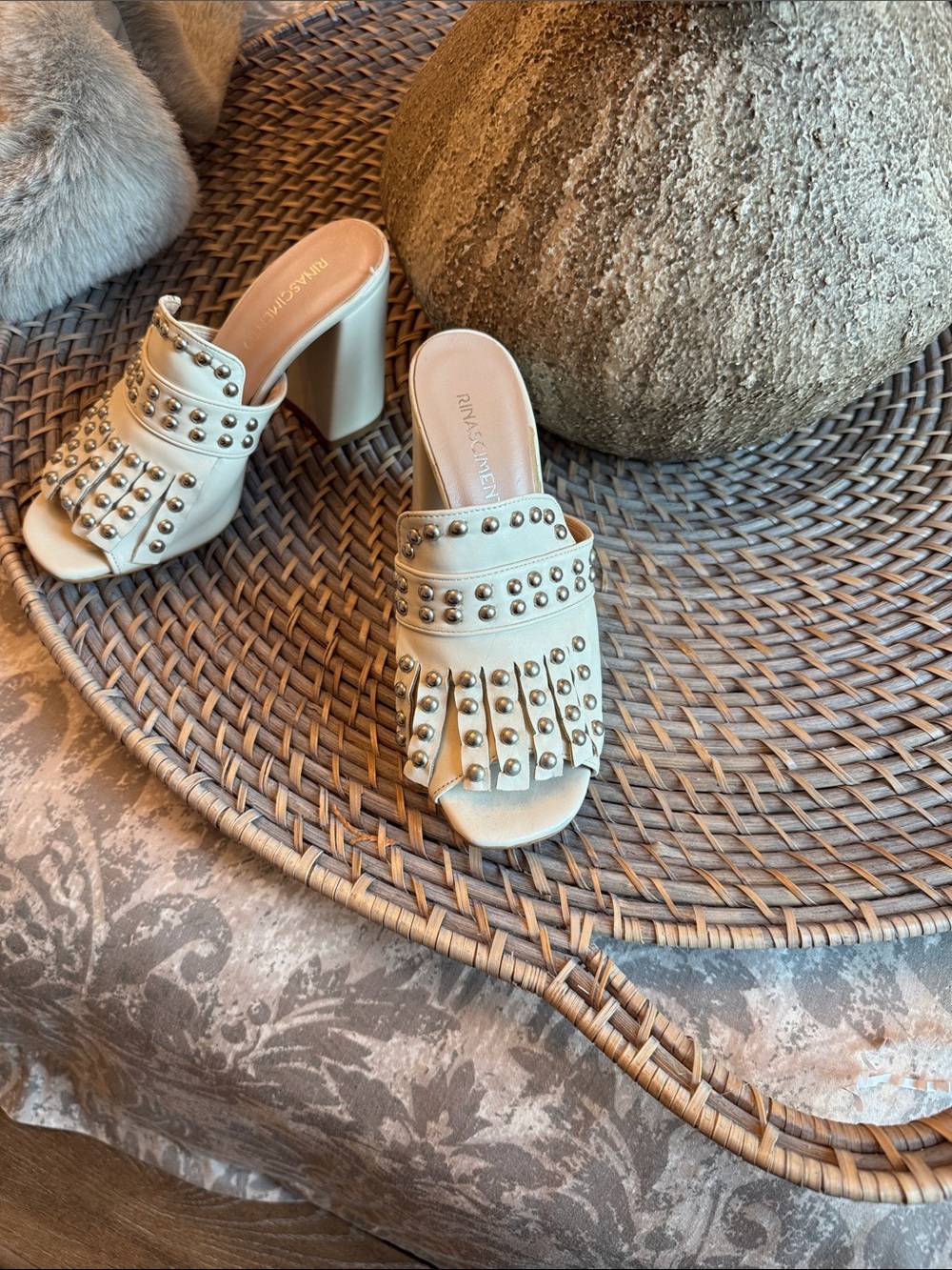 Rinascimento Cream Leather Studded Fringe Mules